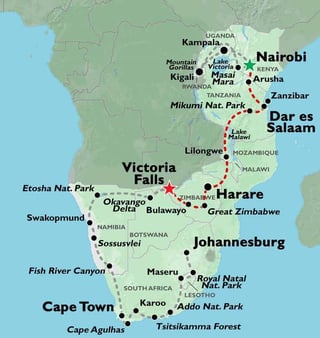 ha viaggiato via terra e in treno da Nairobi, Kenya, alle maestose Cascate Vittoria in Zambia e Zimbabwe