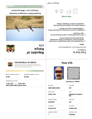 Kenya Tourist eTA Sample Kenya Tourist eTA Sample