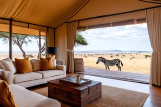 Tenda di lusso con interni confortevoli e vista mozzafiato sulle zebre nella savana africana Tenda di lusso con interni confortevoli e vista mozzafiato sulle zebre nella savana africana