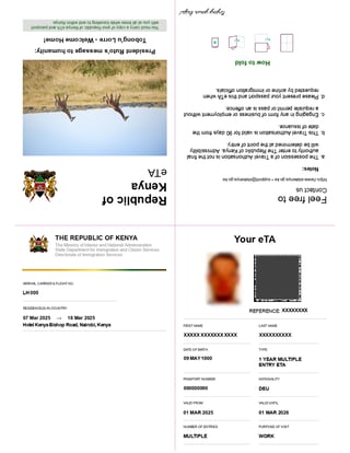 Esempio di eTA per ingressi multipli di 1 anno in Kenya Esempio di eTA per ingressi multipli di 1 anno in Kenya
