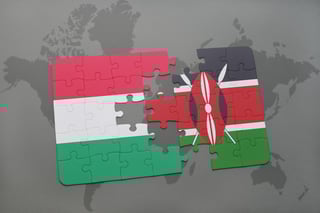 Puzzle With The National Flag Of Hungary And- Kenya On A World Map Background Puzzle With The National Flag Of Hungary And- Kenya On A World Map Background