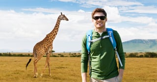 Travel Tourism And People Concept Happy Young Man In Sunglasses With Backpack Over African Travel Tourism And People Concept Happy Young Man In Sunglasses With Backpack Over African