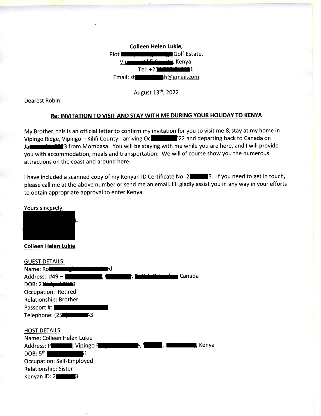 Lettere d'invito dalla famiglia ospitante in Kenya Lettere d'invito dalla famiglia ospitante in Kenya